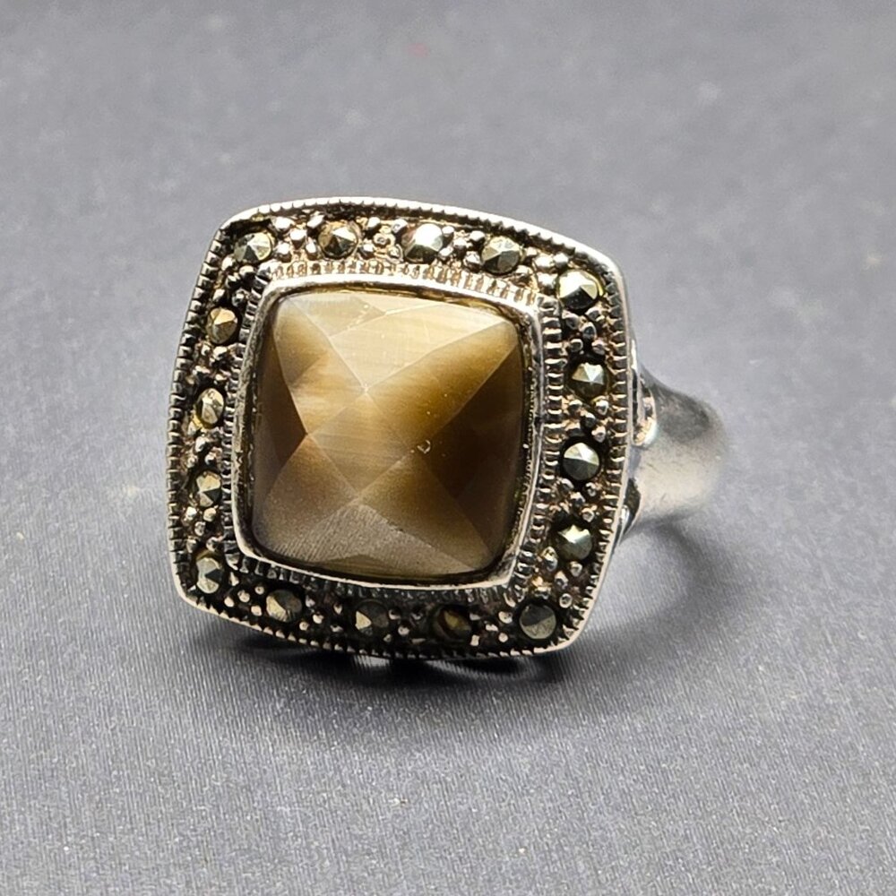 Sterling Silver 925 Smokey Quartz Marcasite Ring Size 8 Checkerboard Dome 7.02g - Picture 7 of 15